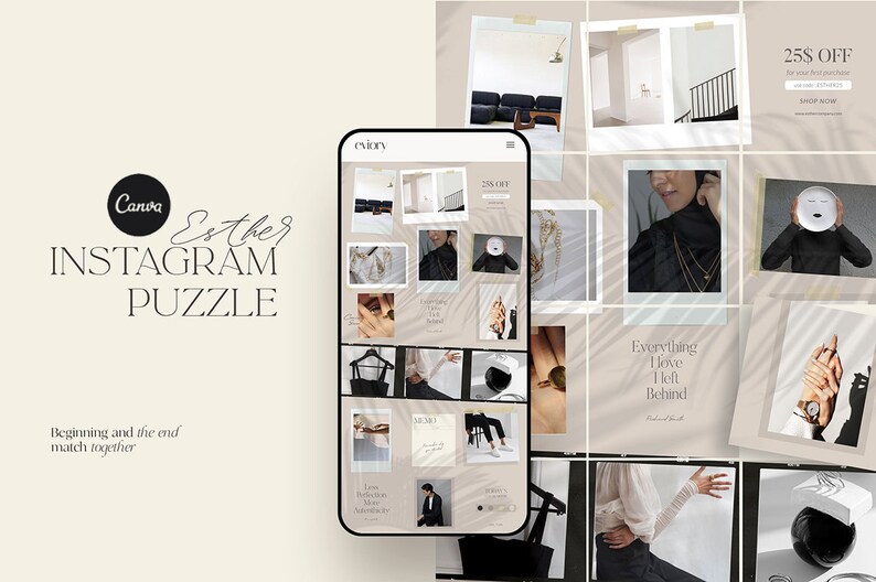 May include: A collage of images for an Instagram puzzle. The images include a black mock neck shirt, a gold necklace, a black and white photo of a person, a cup of coffee, and a pair of hands holding a ring. The text "Everything I Have Left Behind" is also included in the collage.