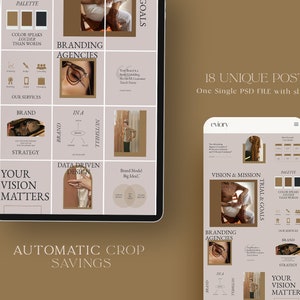 May include: A digital marketing template for social media featuring a grid of 18 unique posts. The template is designed in a minimalist style with a neutral color palette of brown, beige, and white. The text on the template includes the words "Branding Agencies", "Your Vision Matters", "Data Driven Design", "Trial & Goals", and "Vision & Mission".