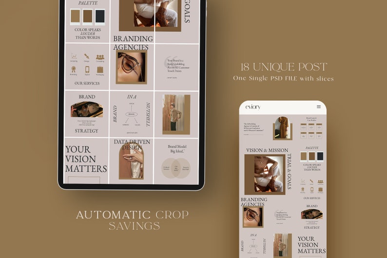 May include: A digital marketing template for social media featuring a grid of 18 unique posts. The template is designed in a minimalist style with a neutral color palette of brown, beige, and white. The text on the template includes the words "Branding Agencies", "Your Vision Matters", "Data Driven Design", "Trial & Goals", and "Vision & Mission".