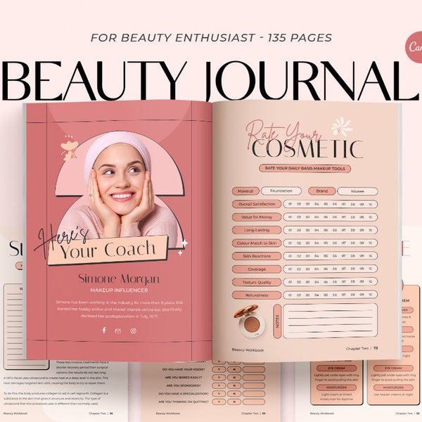 135 CANVA Beauty Journal Lady Buchmappe. Beauty Tracker. Webinar Handbuch Schönheitsratgeber. Make up Artist Canva Schablone. Beauty Shop Souvenir