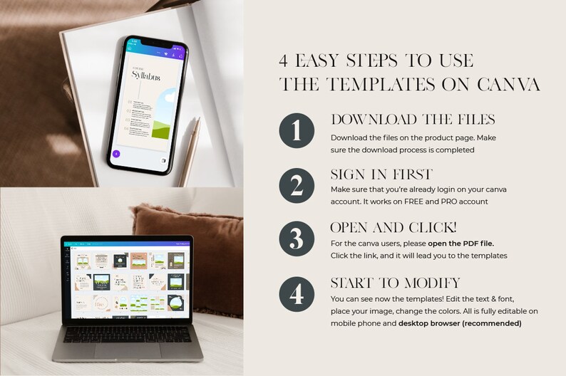 以下が含まれることがあります： Canvaテンプレートを使用する4つの簡単な手順。ファイルをダウンロードし、サインインして、PDFファイルを開き、編集を開始します。画像には、Canvaのウェブサイトが開かれた電話とラップトップが表示されています。