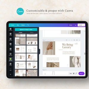 May include: A screenshot of a Canva design template on a tablet. The template is for a magazine or brochure and features a photo of a hand holding a piece of fabric. The text on the page reads "We Bring Luxury".