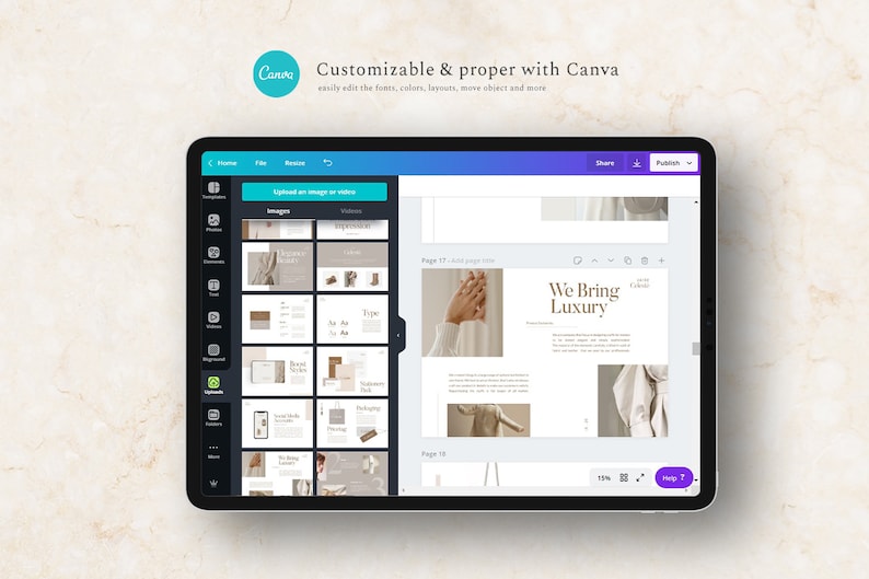 May include: A screenshot of a Canva design template on a tablet. The template is for a magazine or brochure and features a photo of a hand holding a piece of fabric. The text on the page reads "We Bring Luxury".