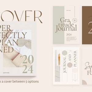 May include: Five different cover designs for a 2024 journal and planner. The covers feature a variety of colours and designs, including a simple brown cover with the number 2024, a green cover with the text "Gratitude Journal 2024", a white cover with the text "Perfectly Planned 2024", a white cover with the text "Journal and Planner", and a white cover with the text "See the Future".