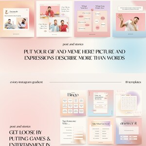Puede incluir: Una colecci&oacute;n de plantillas de publicaciones e historias de Instagram con un degradado rosa y melocot&oacute;n. Las plantillas presentan varios juegos y actividades, como bingo, tres en raya y "adivina la imagen".