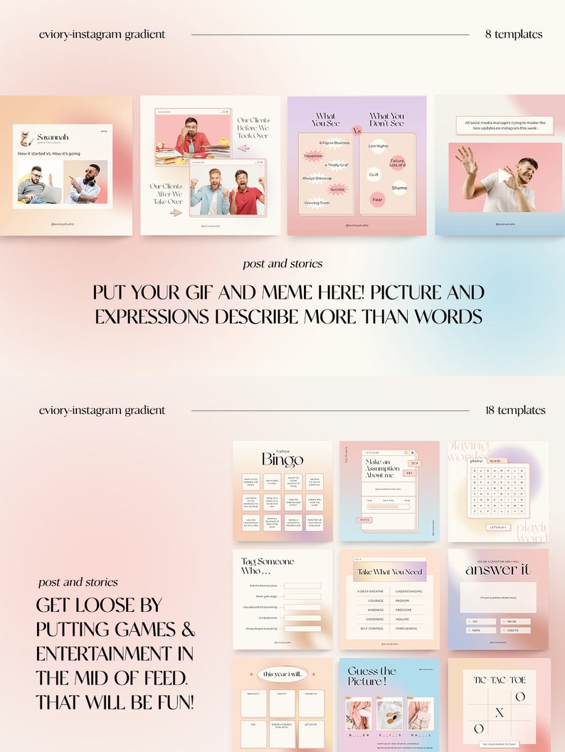 Puede incluir: Una colecci&oacute;n de plantillas de publicaciones e historias de Instagram con un degradado rosa y melocot&oacute;n. Las plantillas presentan varios juegos y actividades, como bingo, tres en raya y "adivina la imagen".