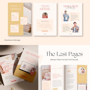 May include: A digital marketing guide with a pink and yellow colour scheme. The guide includes sections on testimonials, live webinars, and the last pages. The text "Testimonials" is in a large, bold font at the top of the page. The guide also includes images of people and text that says "What Our Clients Say" and "The Last Pages".