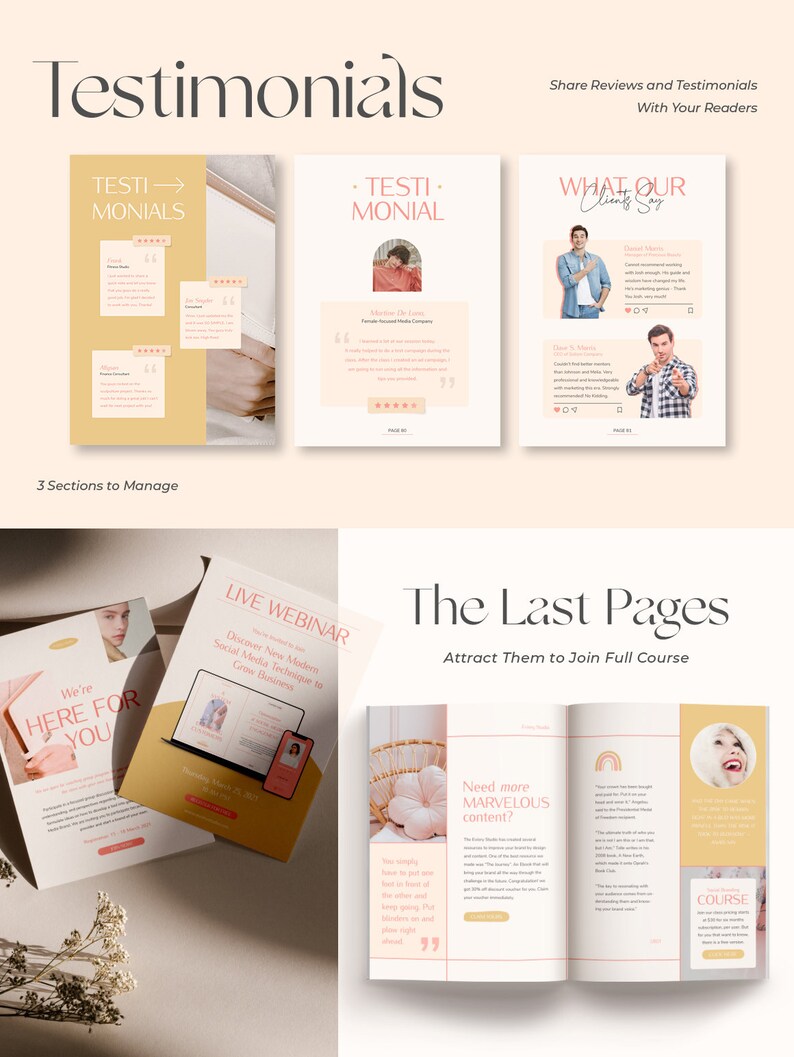 May include: A digital marketing guide with a pink and yellow colour scheme. The guide includes sections on testimonials, live webinars, and the last pages. The text "Testimonials" is in a large, bold font at the top of the page. The guide also includes images of people and text that says "What Our Clients Say" and "The Last Pages".