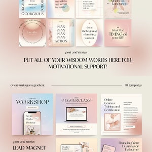 May include: A set of 16 Instagram post and story templates with a gradient background in shades of pink, peach, and blue. The templates feature motivational quotes and phrases, such as "Gorgeous", "Plan, Plan, Plan, Action", "Trust the Timing of Your Life", and "Kindness is the Language".