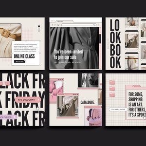 K&ouml;nnte beinhalten: Eine Collage aus sechs Instagram-Posts, die einen Black Friday Sale bewerben. Die Posts zeigen Bilder von Kleidung, eine Verkaufsank&uuml;ndigung und ein Lookbook. Der Text auf den Posts beinhaltet "Black Friday", "40% Rabatt", "Lookbook" und "Katalog".