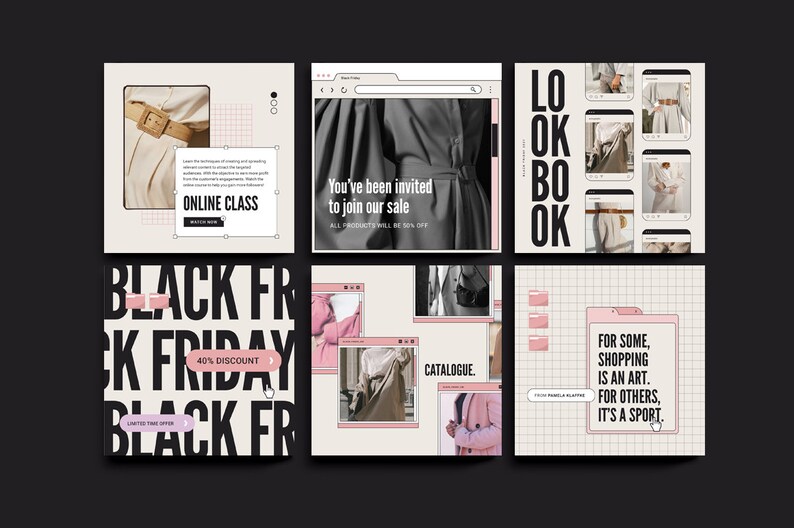 K&ouml;nnte beinhalten: Eine Collage aus sechs Instagram-Posts, die einen Black Friday Sale bewerben. Die Posts zeigen Bilder von Kleidung, eine Verkaufsank&uuml;ndigung und ein Lookbook. Der Text auf den Posts beinhaltet "Black Friday", "40% Rabatt", "Lookbook" und "Katalog".