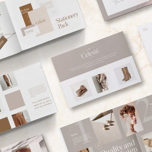 May include: A branding guide for a company called "Celest&eacute;" with a beige and brown colour scheme. The guide includes a logo, packaging, stationery, and a tagline: "You never have a second chance to make a first impression."