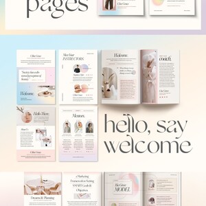 Pu&ograve; includere: Un quaderno di lavoro digitale rosa e bianco con il testo "front pages", "hello, say welcome" e "goal setting". Il quaderno include pagine con testo sul copyright, una prefazione, l'incontro con gli istruttori, il benvenuto, ciao, i mentori, i sogni e la pianificazione, un framework di marketing per l'impostazione di obiettivi SMART e obiettivi, il modello Grose, una dichiarazione di missione, l'impostazione degli obiettivi e un pianificatore degli obiettivi.