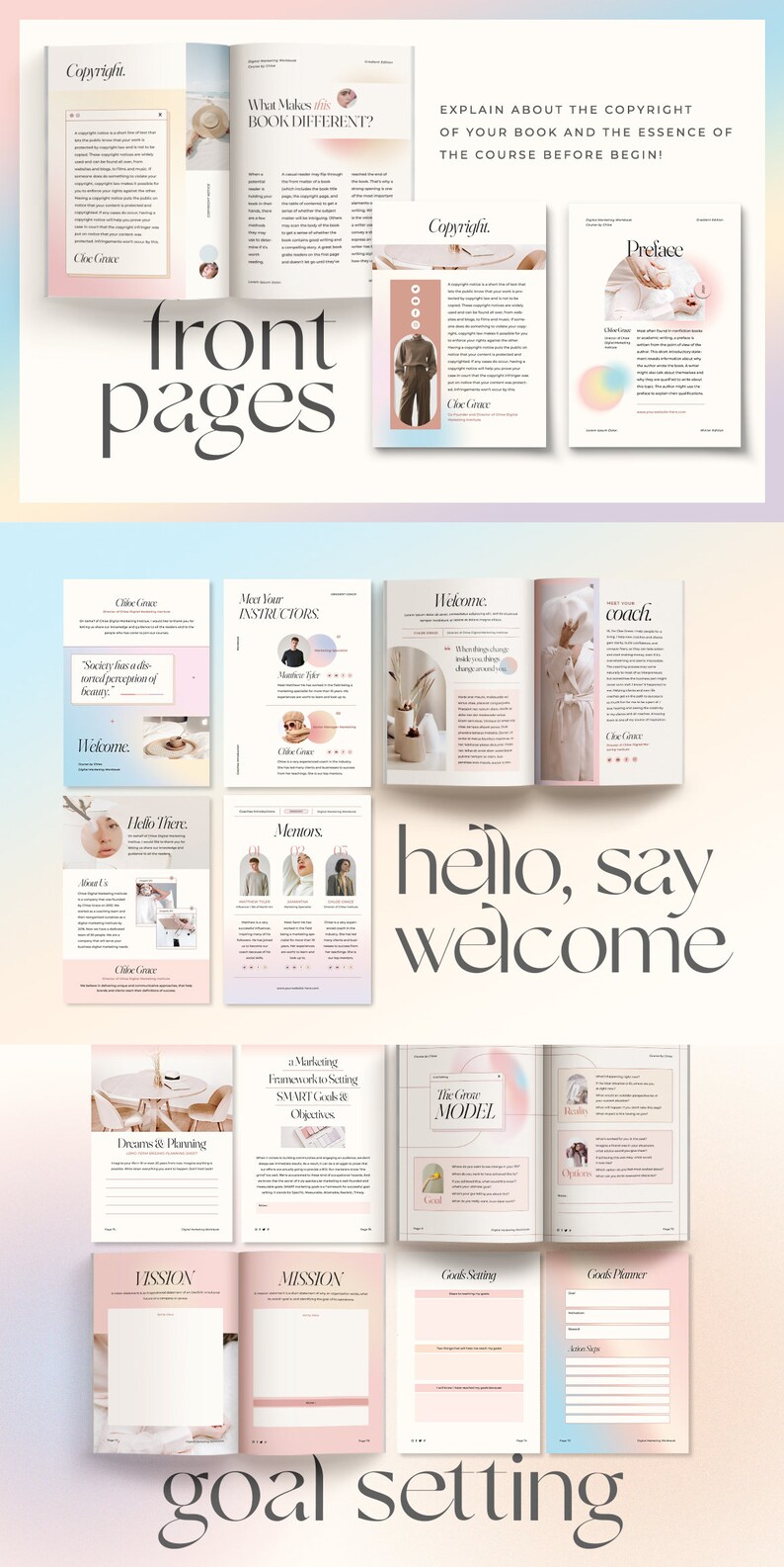 Pu&ograve; includere: Un quaderno di lavoro digitale rosa e bianco con il testo "front pages", "hello, say welcome" e "goal setting". Il quaderno include pagine con testo sul copyright, una prefazione, l'incontro con gli istruttori, il benvenuto, ciao, i mentori, i sogni e la pianificazione, un framework di marketing per l'impostazione di obiettivi SMART e obiettivi, il modello Grose, una dichiarazione di missione, l'impostazione degli obiettivi e un pianificatore degli obiettivi.