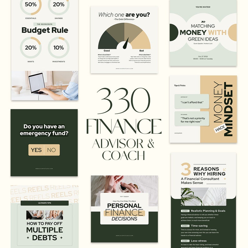May include: A collage of nine green and beige squares with text and graphics related to financial advice. The text includes "330 Finance Advisor & Coach", "Budget Rule", "Matching Money with Green Ideas", "Do you have an emergency fund?", "How to Pay Off Multiple Debts", "Personal Finance Decisions", "3 Reasons Why Hiring a Financial Consultant Makes Sense", "Money Mindset", and "Tips & Tricks".