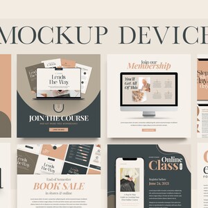 以下が含まれることがあります： オンラインコースのマーケティング資料を様々なデバイスで表示したモックアップです。デバイスには、ラップトップ、デスクトップコンピューター、スマートフォン、タブレットが含まれています。マーケティング資料には、「コースに参加する」、「無料の電子書籍を入手する」、「オンラインクラス」などのテキストが掲載されています。