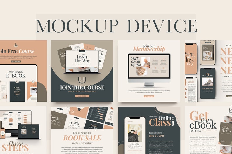 以下が含まれることがあります： オンラインコースのマーケティング資料を様々なデバイスで表示したモックアップです。デバイスには、ラップトップ、デスクトップコンピューター、スマートフォン、タブレットが含まれています。マーケティング資料には、「コースに参加する」、「無料の電子書籍を入手する」、「オンラインクラス」などのテキストが掲載されています。