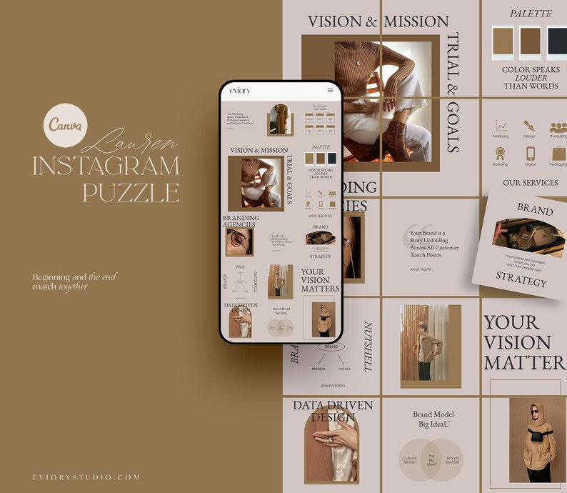 May include: A brown and beige Instagram puzzle template with the text "Lauren Instagram Puzzle" and "Vision & Mission", "Trial & Goals", "Branding Agencies", "Your Vision Matters", "Data Driven Design", "Nutshell", "Brand Model Big Ideal", "Your Brand is a Story Unfolding Across All Customer Touch Points", "Our Services", "Brand Strategy", "Your Vision Matters".
