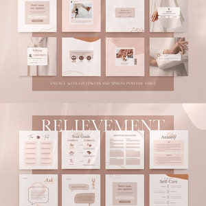 May include: A set of social media templates for Instagram featuring a pink and brown colour scheme with abstract shapes and text. The templates include prompts for engagement, self-care, and gratitude.