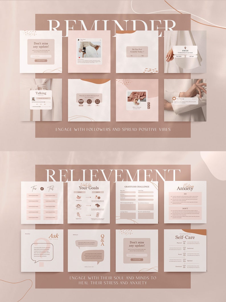 May include: A set of social media templates for Instagram featuring a pink and brown colour scheme with abstract shapes and text. The templates include prompts for engagement, self-care, and gratitude.