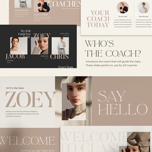 Op de afbeelding: Een presentatieslidedeck met een beige achtergrond en witte tekst. De titeldia zegt "We Are Your Coaches" en bevat een foto van een persoon. De volgende dia zegt "Your Coach Today" en bevat een foto van een persoon. De derde dia zegt "Who's The Coach?" en bevat een foto van een persoon. De vierde dia zegt "Hi! It's Me Here" en bevat een foto van een persoon. De vijfde dia zegt "Welcome to Class" en bevat een foto van een persoon.