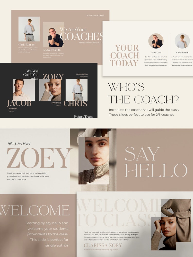 Op de afbeelding: Een presentatieslidedeck met een beige achtergrond en witte tekst. De titeldia zegt "We Are Your Coaches" en bevat een foto van een persoon. De volgende dia zegt "Your Coach Today" en bevat een foto van een persoon. De derde dia zegt "Who's The Coach?" en bevat een foto van een persoon. De vierde dia zegt "Hi! It's Me Here" en bevat een foto van een persoon. De vijfde dia zegt "Welcome to Class" en bevat een foto van een persoon.