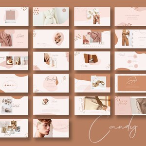 May include: A collection of social media templates featuring a variety of images and text. The templates are designed in a minimalist style with a pink and brown color scheme. The text includes phrases like "Give Away", "New Arrivals", and "Sale".