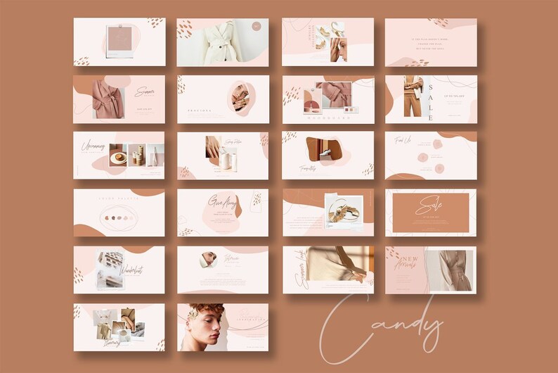 May include: A collection of social media templates featuring a variety of images and text. The templates are designed in a minimalist style with a pink and brown color scheme. The text includes phrases like "Give Away", "New Arrivals", and "Sale".