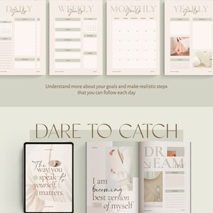 May include: A set of printable goal setting worksheets with a light green background. The worksheets are labelled "Daily Goals", "Weekly Goals", "Monthly Goals", and "Yearly Goals". The worksheets are designed to help you set and track your goals.