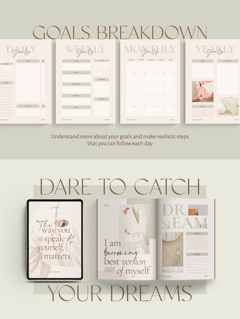 May include: A set of printable goal setting worksheets with a light green background. The worksheets are labelled "Daily Goals", "Weekly Goals", "Monthly Goals", and "Yearly Goals". The worksheets are designed to help you set and track your goals.