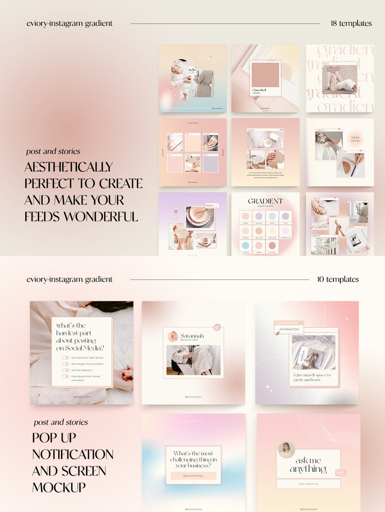 May include: A set of 18 Instagram templates with a pink and peach gradient background. The templates feature various layouts and designs, including text boxes, images, and icons. The text on the templates includes phrases like "aesthetically perfect to create" and "make your feeds wonderful".