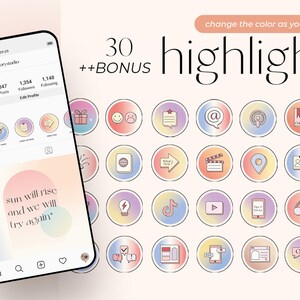 May include: A set of 30 colourful Instagram highlight covers with various icons and designs. The covers are in a gradient style with pink, blue, and yellow colours. The text "30 ++BONUS highlight" is at the top of the image.