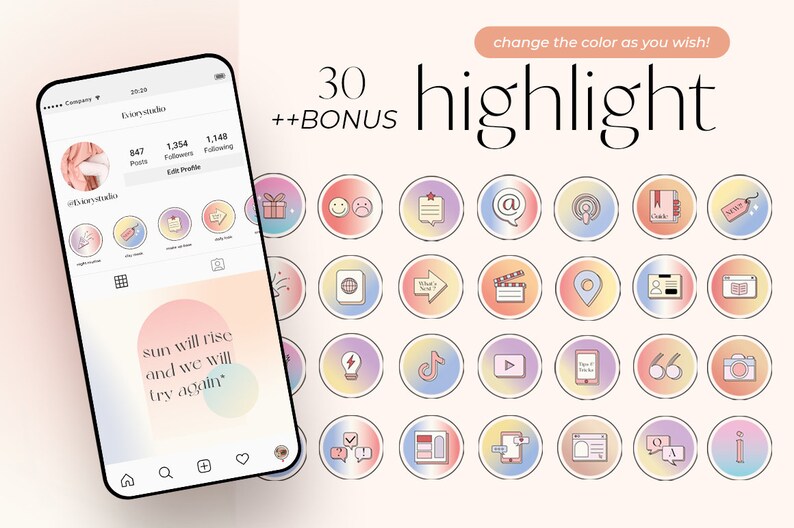 May include: A set of 30 colourful Instagram highlight covers with various icons and designs. The covers are in a gradient style with pink, blue, and yellow colours. The text "30 ++BONUS highlight" is at the top of the image.