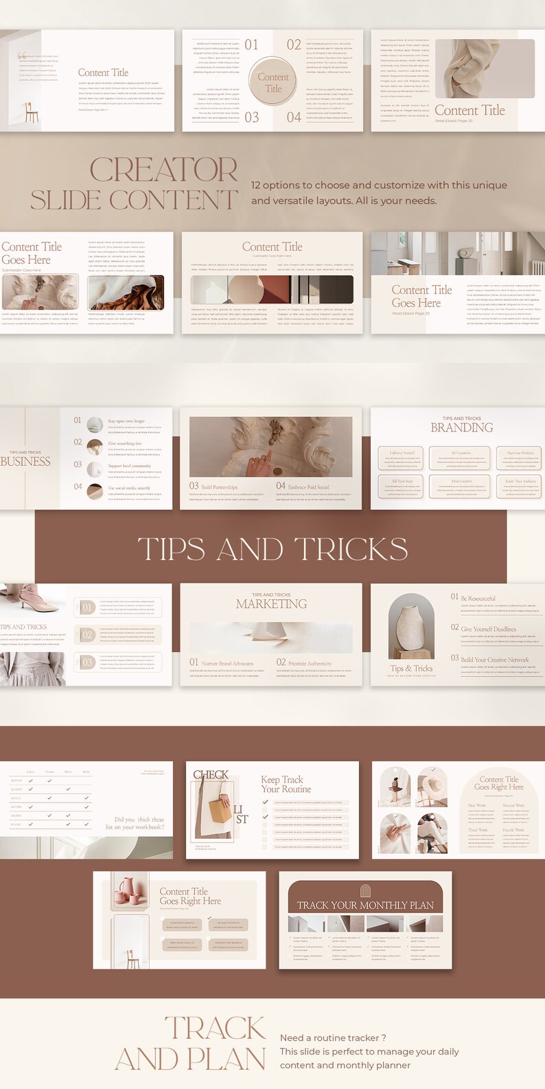 May include: A beige and brown presentation template with the title "Creator Slide Content". The template includes 12 different slide layouts with various images and text boxes. The slides are designed to help users create professional presentations.