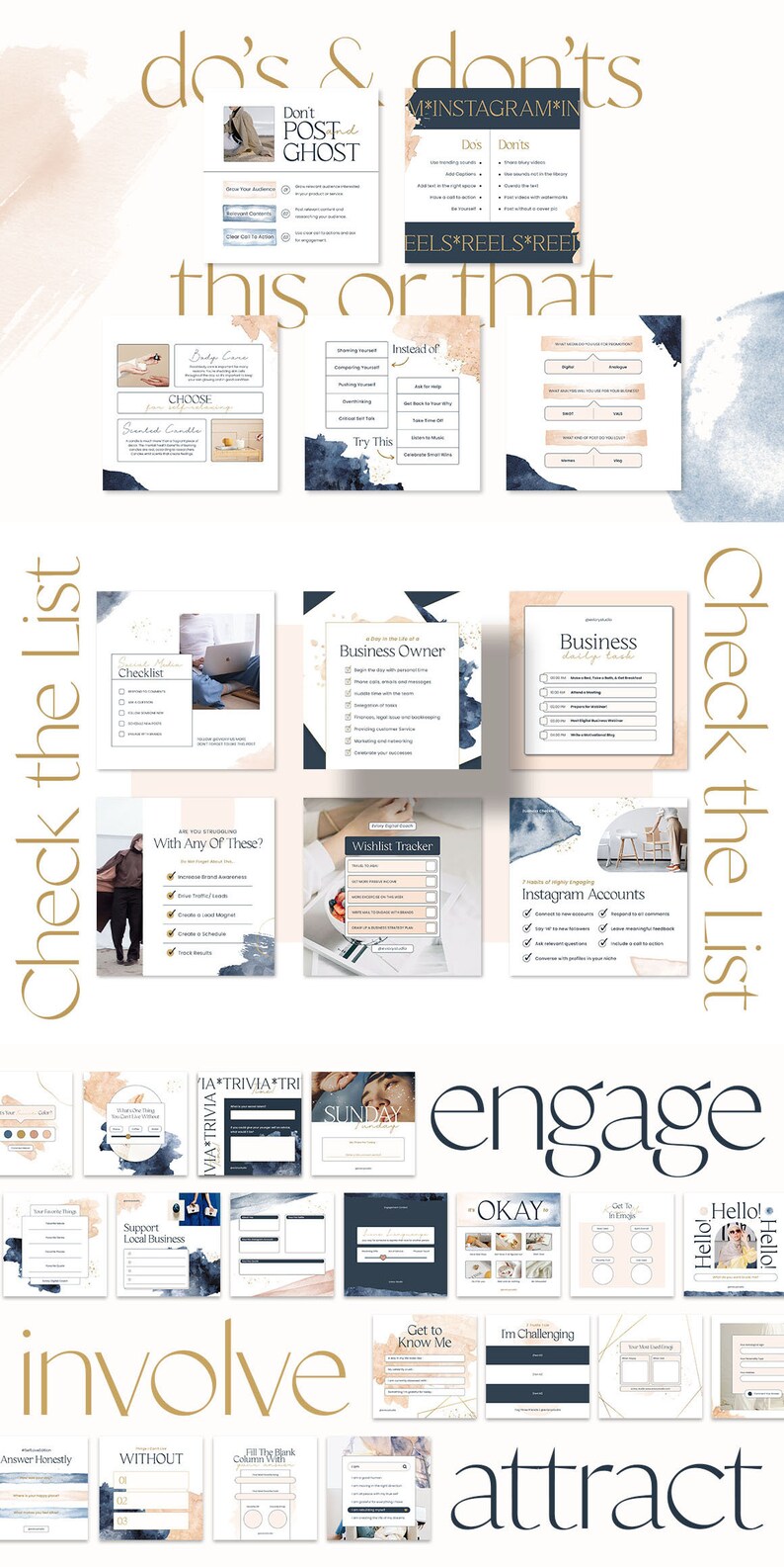以下が含まれることがあります： ビジネスオーナー向けのソーシャルメディア投稿テンプレートのコレクション。テンプレートは、青と桃色の水彩背景と金のアクセントでデザインされています。テンプレートには、チェックリスト、トラッカー、フォロワーとのエンゲージメントのためのプロンプトが含まれています。
