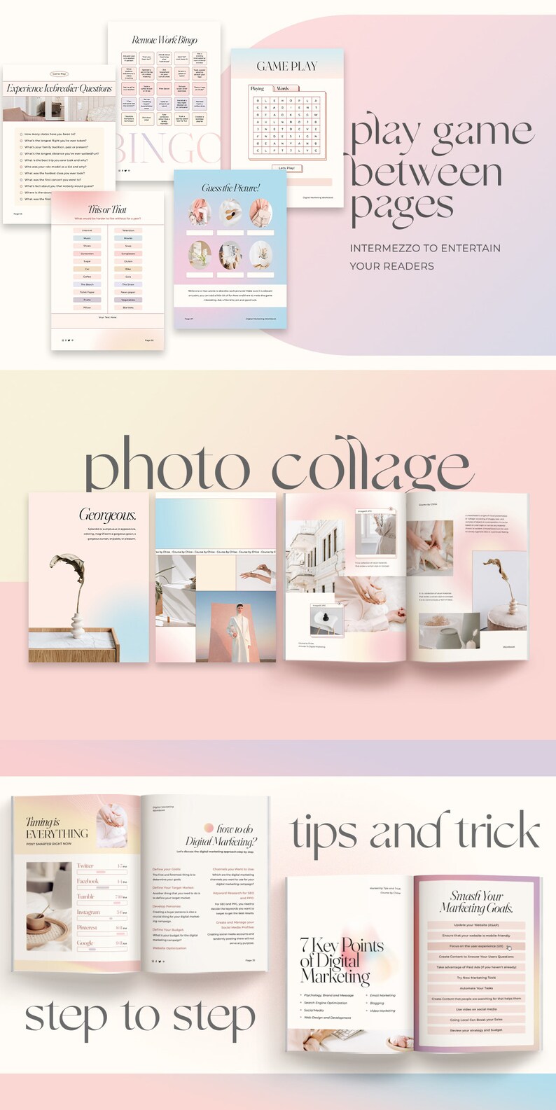 Pu&ograve; includere: Un collage di immagini che mostrano suggerimenti e trucchi per il marketing digitale. Le immagini includono un fotomontaggio, un gioco di bingo, un gioco "questo o quello", un gioco "indovinare l'immagine" e una guida passo passo al marketing digitale. Il testo "gioca a un gioco tra le pagine" &egrave; incluso anche nell'immagine.