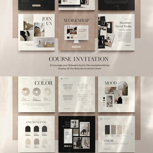 May include: A mood board with a black and white color palette. The mood board is divided into nine sections, each with a different image or text. The images include a woman's face, a pair of shoes, a lamp, and a website design. The text includes the words "Let's Join", "Master Class", "Workshop", "Maximize Social Media", "Choose Your Color", "Color Palette", "Social Media Branding", "Mood", and "Moodboard".