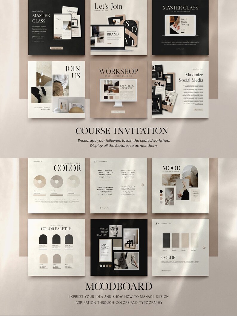 May include: A mood board with a black and white color palette. The mood board is divided into nine sections, each with a different image or text. The images include a woman's face, a pair of shoes, a lamp, and a website design. The text includes the words "Let's Join", "Master Class", "Workshop", "Maximize Social Media", "Choose Your Color", "Color Palette", "Social Media Branding", "Mood", and "Moodboard".