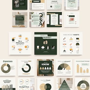 May include: A collection of 12 green and brown infographic images with text and charts about personal finance, budgeting, and money management. The text includes "Be a Millionaire Before 30", "Simple Budget", "9 Bad Money Habits", "Expenses", "Financial Projection Report for 2023", "Did You Know", "Which One Are You?", "Accounts Payable Turnover", "Expenses Report", "Budget Rule", "How Most People", and "Basics".