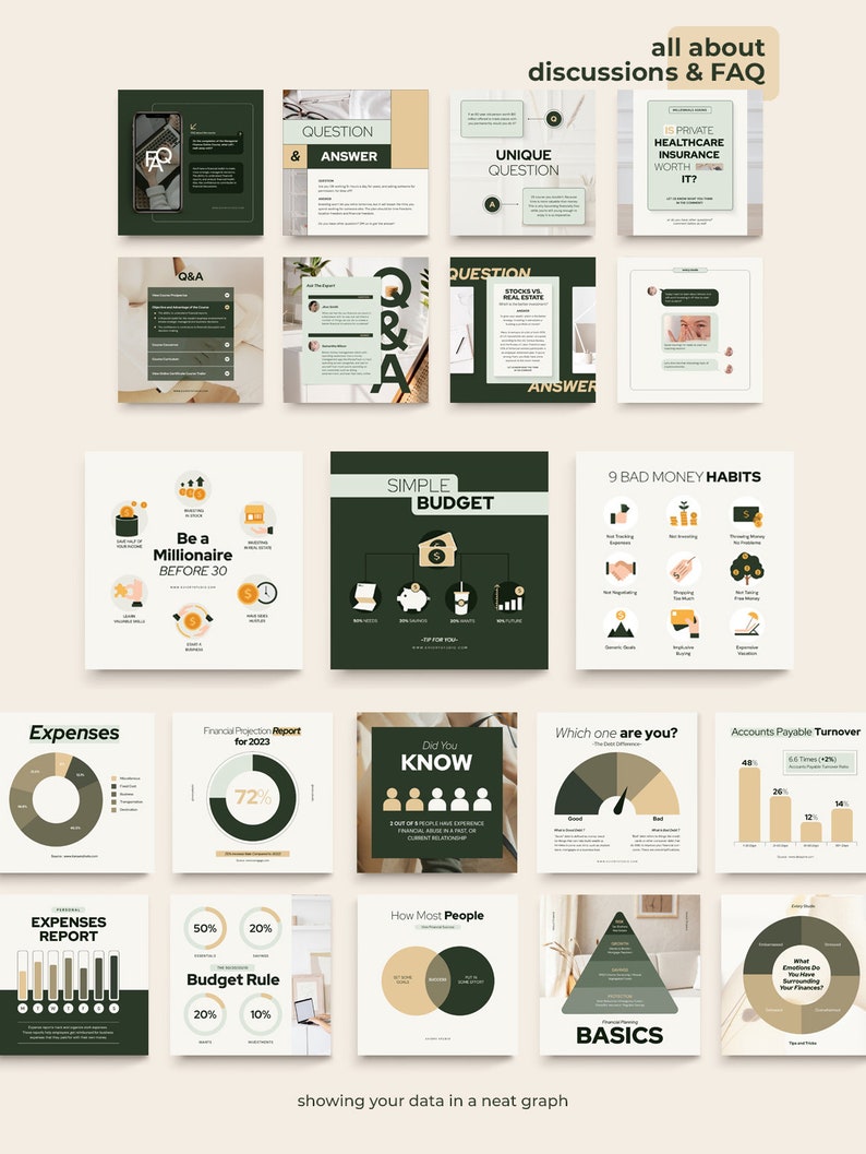 May include: A collection of 12 green and brown infographic images with text and charts about personal finance, budgeting, and money management. The text includes "Be a Millionaire Before 30", "Simple Budget", "9 Bad Money Habits", "Expenses", "Financial Projection Report for 2023", "Did You Know", "Which One Are You?", "Accounts Payable Turnover", "Expenses Report", "Budget Rule", "How Most People", and "Basics".
