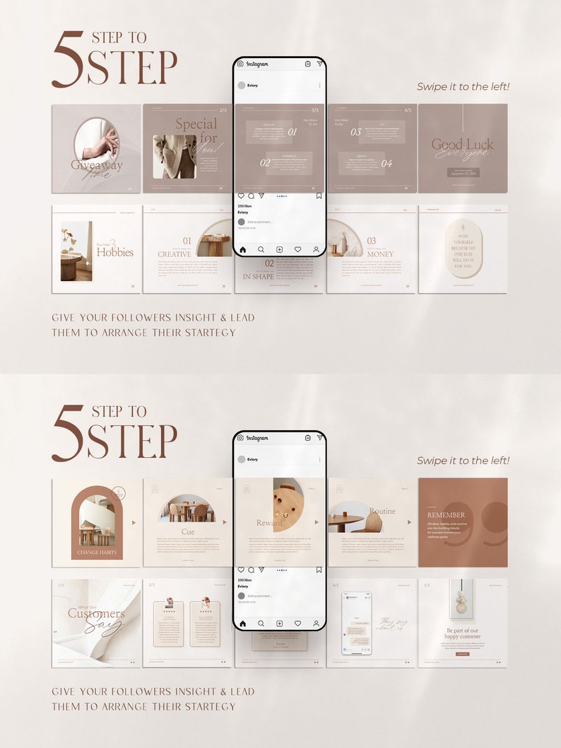 May include: A 5-step guide to building a successful business, with each step illustrated by a different image. The steps are: Giveaway Time, Special for You, Hobbies, Creative, In Shape, Money, Good Luck Everyone, Change Habits, Customers Say, Cue, Reward, Routine, Remember, Be part of our happy customer.