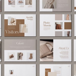 May include: A presentation slide deck with a minimalist design featuring a neutral colour palette of brown, beige, and white. The slides showcase a fashion brand's identity, including their logo, product photography, and brand messaging. The text on the slides includes the brand name "Celest&eacute;", the phrase "Boost Styles", and the words "Visitors", "Harehills Avenue", "Photo Shoots", "About Us", and "Social Media Accounts".