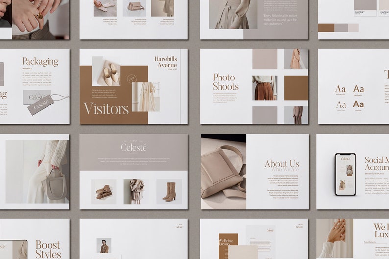 May include: A presentation slide deck with a minimalist design featuring a neutral colour palette of brown, beige, and white. The slides showcase a fashion brand's identity, including their logo, product photography, and brand messaging. The text on the slides includes the brand name "Celest&eacute;", the phrase "Boost Styles", and the words "Visitors", "Harehills Avenue", "Photo Shoots", "About Us", and "Social Media Accounts".