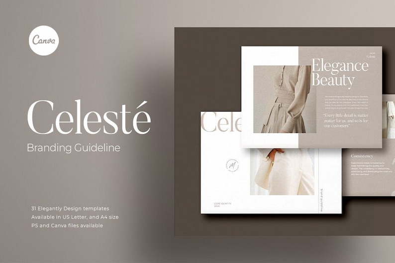 May include: Branding guideline for a company called Celest&eacute;. The document features a white background with the company name and tagline "Branding Guideline" in a serif font. The document also includes a photo of a woman wearing a white dress and a beige jacket. The text "Elegance Beauty" is featured in a serif font on a beige background.