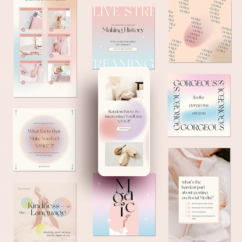 Puede incluir: Un collage de im&aacute;genes coloridas con superposiciones de texto. Las im&aacute;genes incluyen una mano sosteniendo una flor, una habitaci&oacute;n con una cama, una pera y una mano sosteniendo una flor. El texto incluye "Making History", "Random Facts So Interesting You'll Say, "OMG!!", "What Facts that Make You Feel "OMG"?!", "Kindness is the Language", "Gorgeous", y "What's the hardest part about posting on Social Media?"