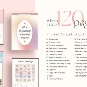 Pu&ograve; includere: Un mockup di prodotto digitale rosa e bianco con il testo "What's inside? 120 pages in 2 size, A4 and US Letter" e un elenco dei contenuti del prodotto. Il prodotto &egrave; una guida digitale con una variet&agrave; di argomenti, tra cui la definizione degli obiettivi, la gestione del tempo e la produttivit&agrave;.