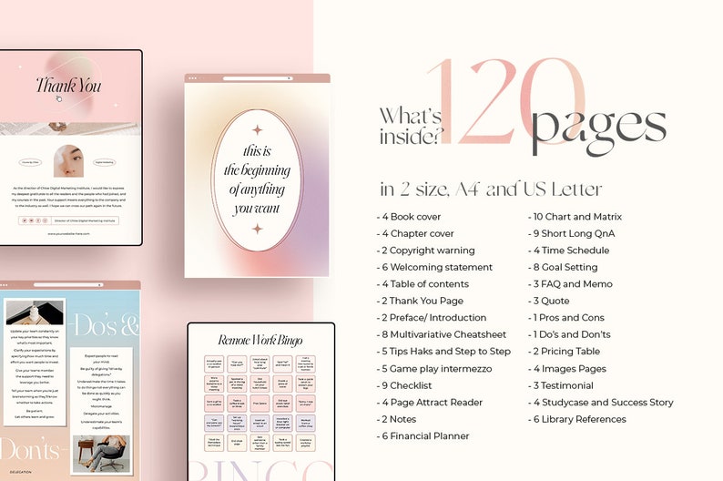 Pu&ograve; includere: Un mockup di prodotto digitale rosa e bianco con il testo "What's inside? 120 pages in 2 size, A4 and US Letter" e un elenco dei contenuti del prodotto. Il prodotto &egrave; una guida digitale con una variet&agrave; di argomenti, tra cui la definizione degli obiettivi, la gestione del tempo e la produttivit&agrave;.