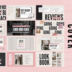 K&ouml;nnte beinhalten: Ein rosa und schwarzes Facebook-Coverbild mit dem Text "Black Friday" in gro&szlig;en wei&szlig;en Buchstaben. Das Bild ist in neun Abschnitte unterteilt, die jeweils ein anderes Design haben. Einige Abschnitte zeigen Bilder von Kleidung, w&auml;hrend andere Text &uuml;ber Black Friday-Verk&auml;ufe und Aktionen enthalten. Das Bild enth&auml;lt auch einen Countdown-Timer, eine Ank&uuml;ndigung einer Meisterklasse und einen Abschnitt mit h&auml;ufig gestellten Fragen.