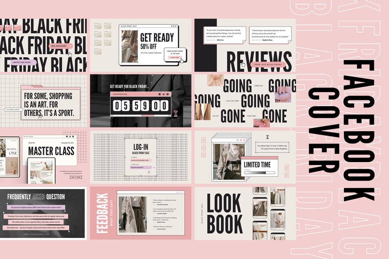 K&ouml;nnte beinhalten: Ein rosa und schwarzes Facebook-Coverbild mit dem Text "Black Friday" in gro&szlig;en wei&szlig;en Buchstaben. Das Bild ist in neun Abschnitte unterteilt, die jeweils ein anderes Design haben. Einige Abschnitte zeigen Bilder von Kleidung, w&auml;hrend andere Text &uuml;ber Black Friday-Verk&auml;ufe und Aktionen enthalten. Das Bild enth&auml;lt auch einen Countdown-Timer, eine Ank&uuml;ndigung einer Meisterklasse und einen Abschnitt mit h&auml;ufig gestellten Fragen.