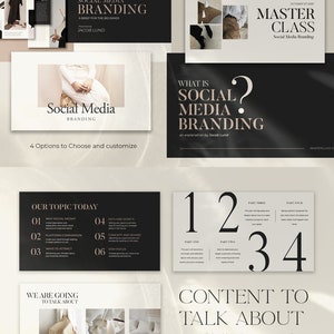 Op de afbeelding: Een zwart-witte presentatieslide met de tekst "Social Media Branding" en "Master Class" in een minimalistisch ontwerp. De dia bevat ook een lijst met onderwerpen voor een presentatie over social media branding.